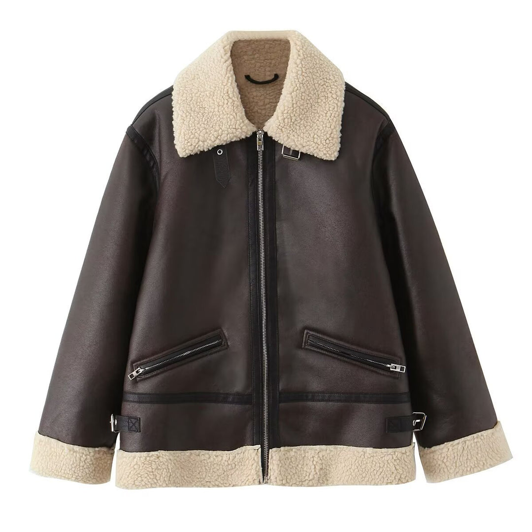 Damen Kunstlederjacke mit warmem Sherpa-Futter und praktischen Reißverschlusstaschen Drune