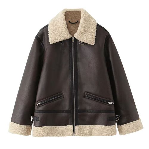 Damen Kunstlederjacke mit warmem Sherpa-Futter und praktischen Reißverschlusstaschen Drune
