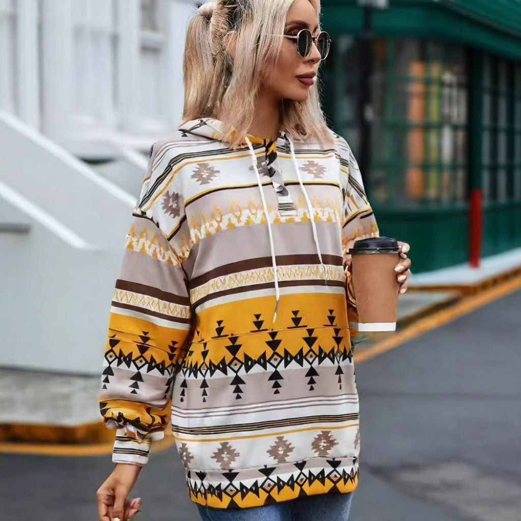 Damen Kapuzenpullover mit kreativem Farbmuster und praktischen Knöpfen Drune
