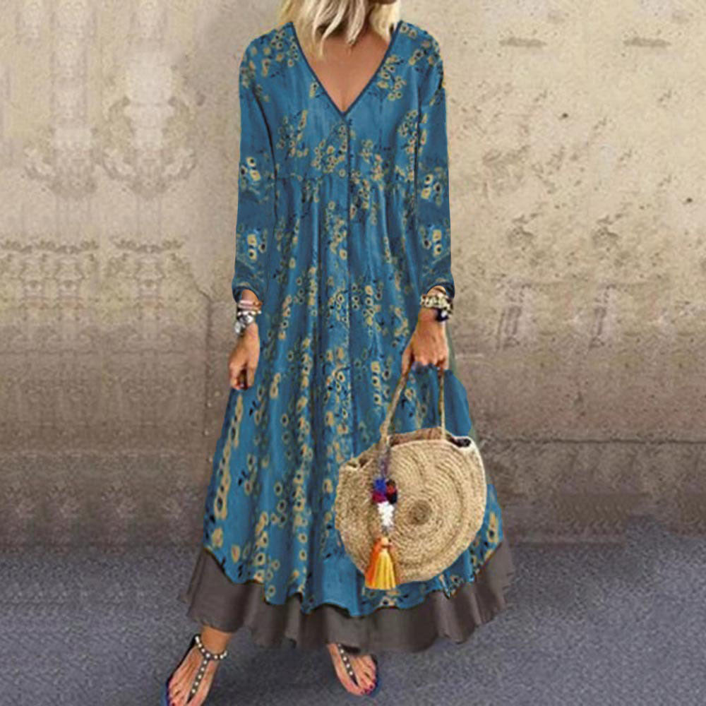 Damen blumiges Maxikleid mit weitem Schnitt und V-Ausschnitt Drune
