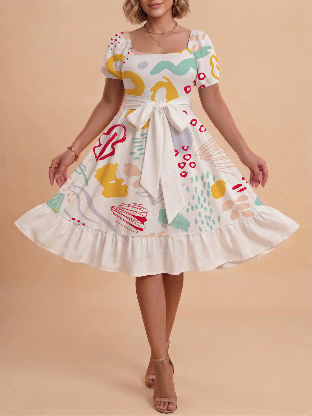 Damen Sommerkleid mit floralem Puffärmel und taillierbarem Gürtel Drune