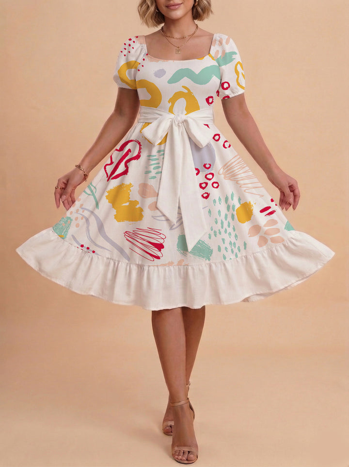 Damen Sommerkleid mit floralem Puffärmel und taillierbarem Gürtel Drune