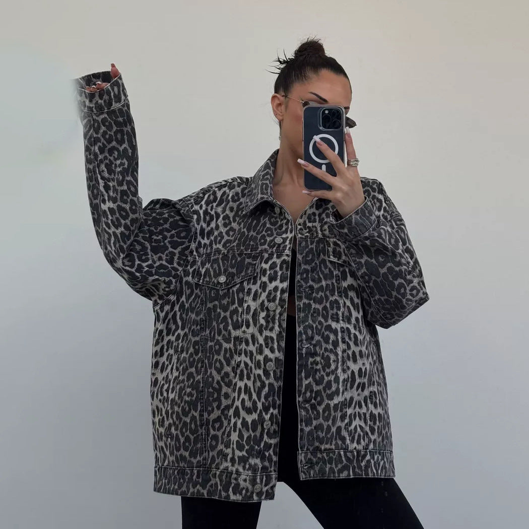 Damen Trendige Oversized Jeansjacke mit Leopardenmuster Drune