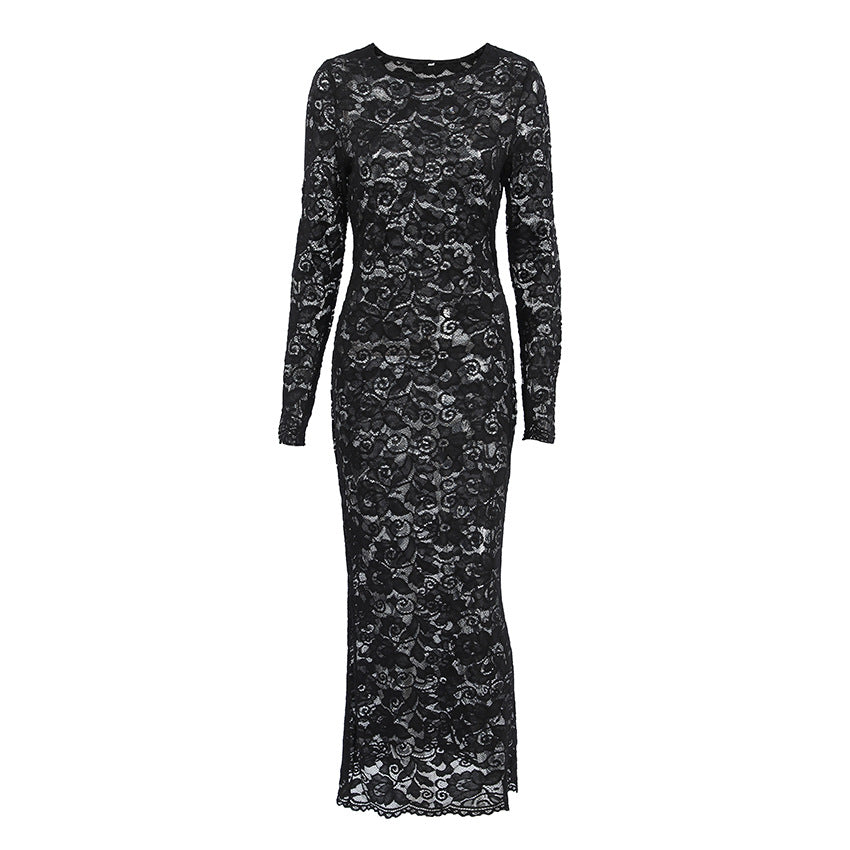 Damen Figurbetontes Spitzenkleid mit langem Arm und raffiniertem Ausschnitt Drune