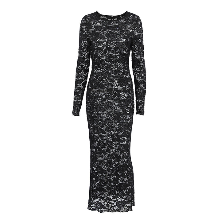 Damen Figurbetontes Spitzenkleid mit langem Arm und raffiniertem Ausschnitt Drune