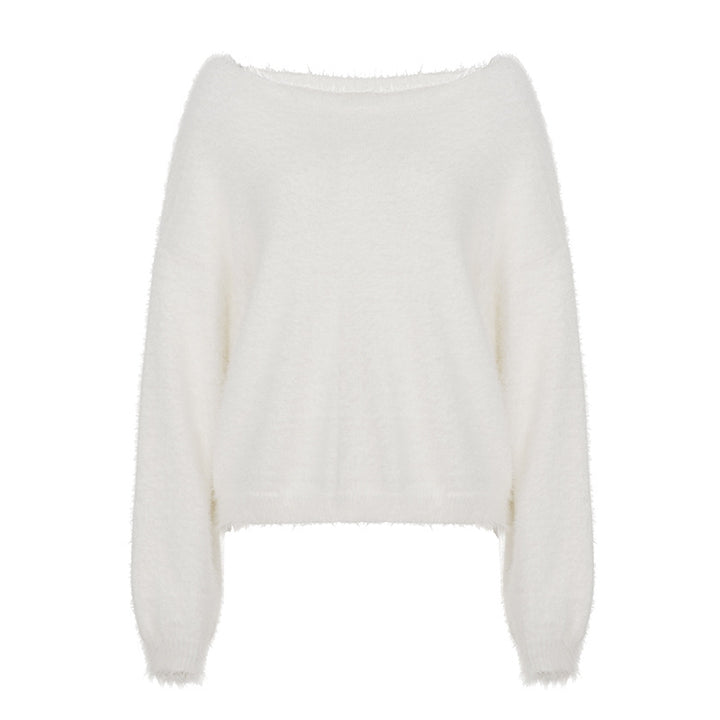 Damen nan oversized flauschiger Mohair-Blend Off-Shoulder Pullover mit Balloon-Ärmeln Drune