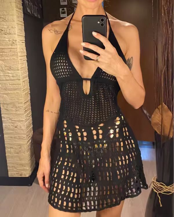 Damen Kurzes Häkelkleid mit tiefem V-Ausschnitt Drune
