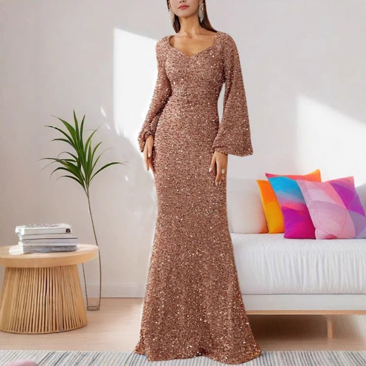 Damen Glamouröses Glitzer-Abendkleid mit schwingendem Rock und voluminösen Ärmeln Drune