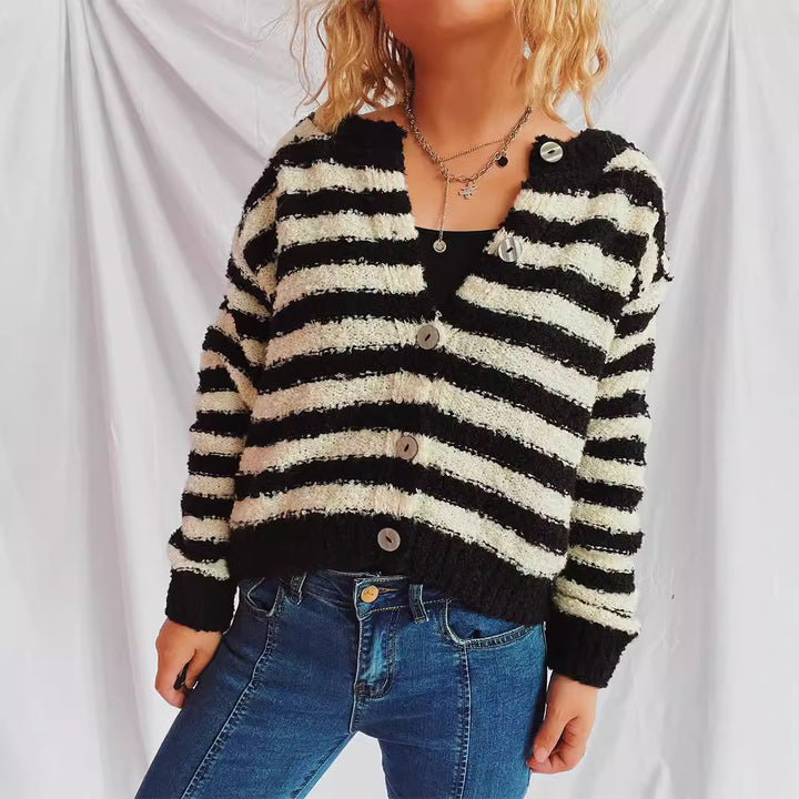 Damen lässige Strickjacke mit modernem Streifenlook Drune