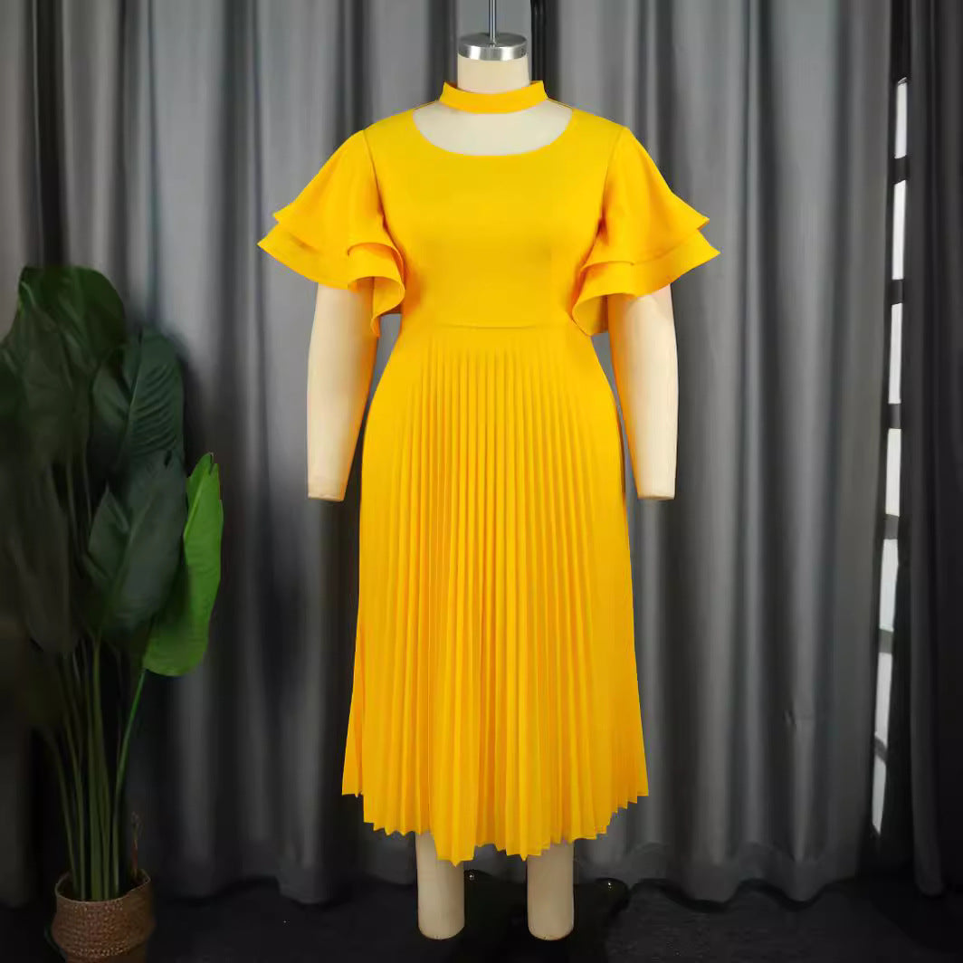 Damen Plissee Maxikleid mit Choker und voluminösen Ärmeln Drune