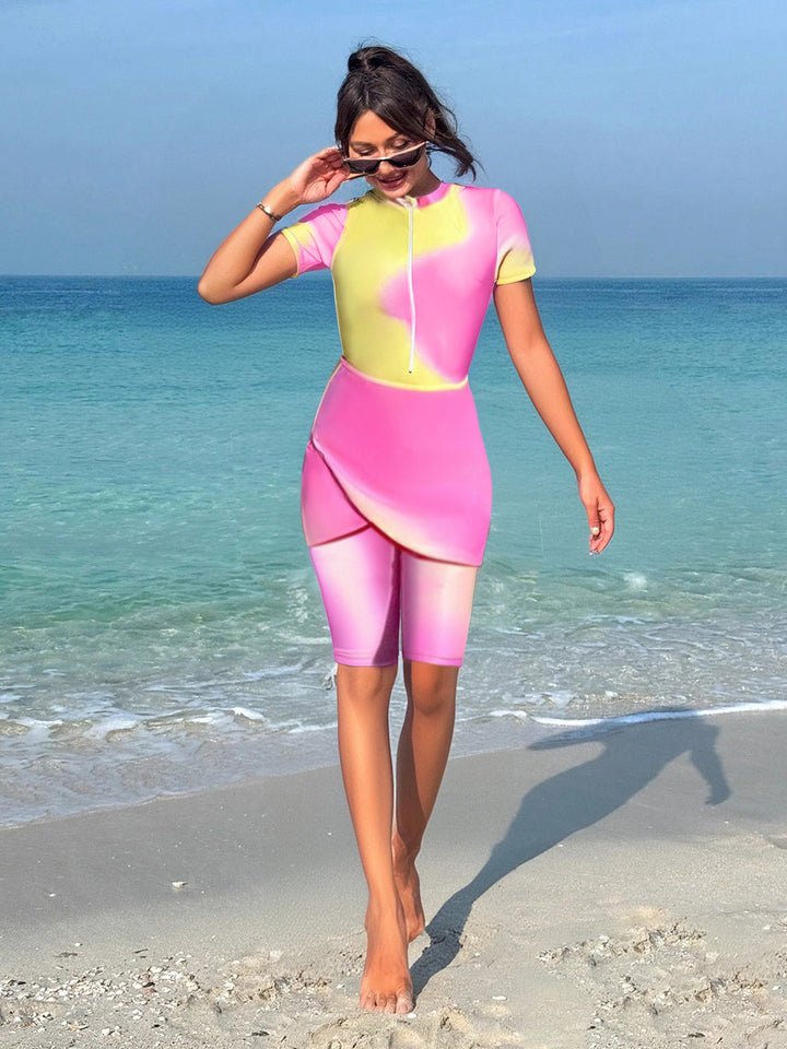 Damen modischer Sport-Schwimmanzug mit Zip und femininem Wickeldetail Drune