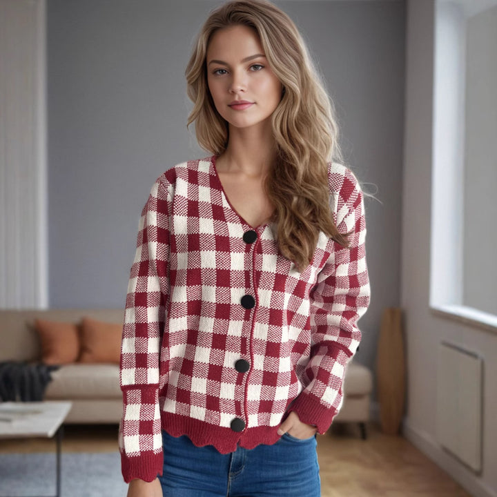 Damen Strickjacke mit Kontrastmuster und Knopfdetails Drune