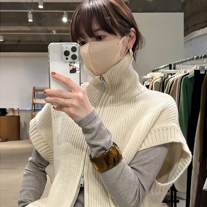 Damen kuscheler Strickponcho mit hohem Kragen Drune