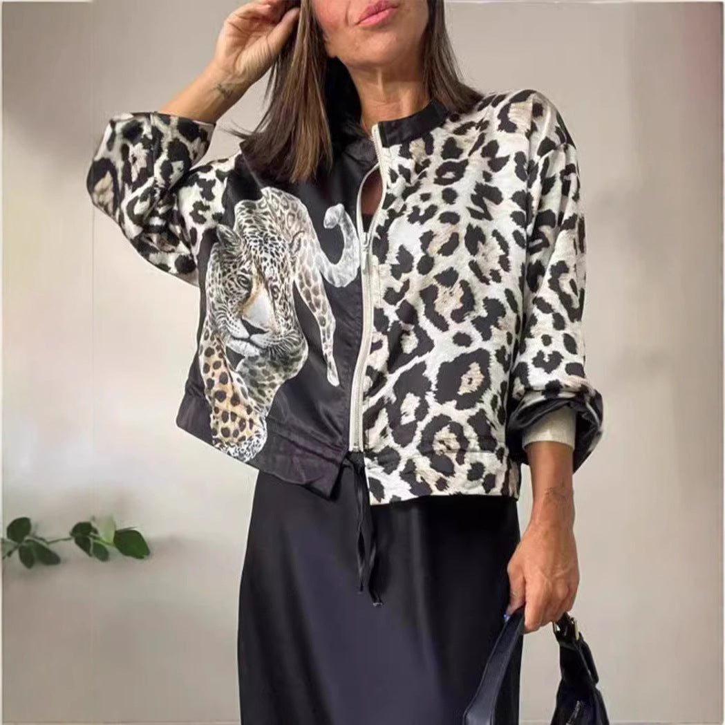 Damen entspannte Bomberjacke mit extravagantem Leoparden-Motiv Drune