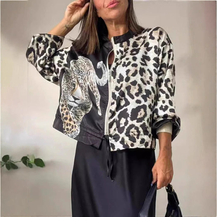Damen entspannte Bomberjacke mit extravagantem Leoparden-Motiv Drune