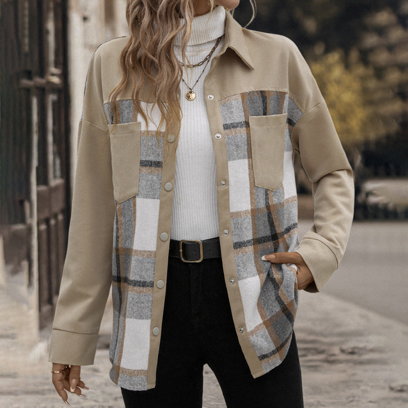 Damen karierte oversized Hemdjacke mit praktischen Taschen und dekorativen Druckknöpfen Drune