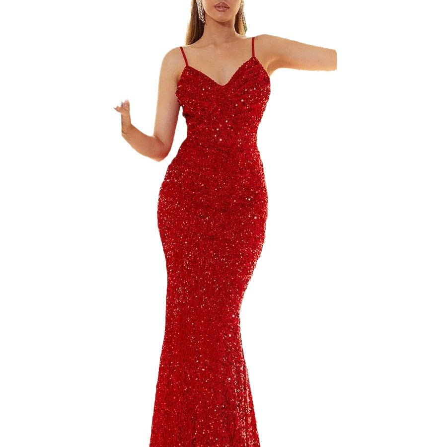 Damen glamouröses Abendkleid mit herzförmigem Ausschnitt und funkelnden Pailletten Drune