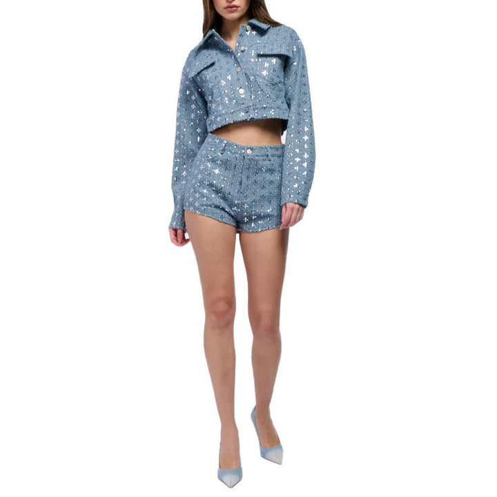 Damen Crop-Jeanjacke mit funkelndem Sternmuster und passender Short Drune