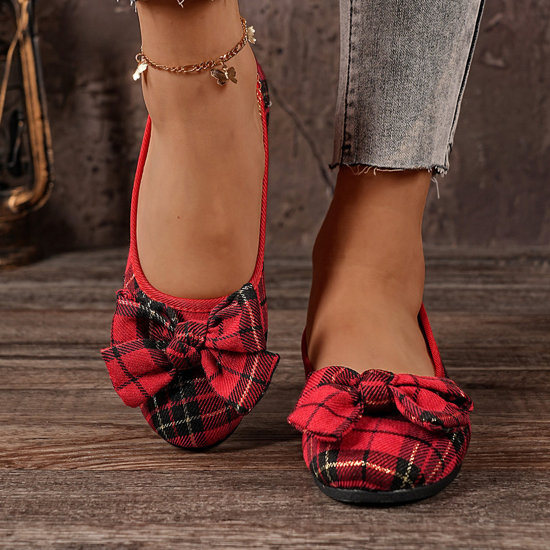 Damen  karierter Ballerina Slipper mit dekorativer Schleife und gepolstertem Komfortfußbett Drune