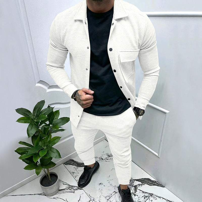 Herren nan feinstrukturiertes Hemdjacke- und Jogginghose-Set aus Sweat mit schmaler Passform Drune