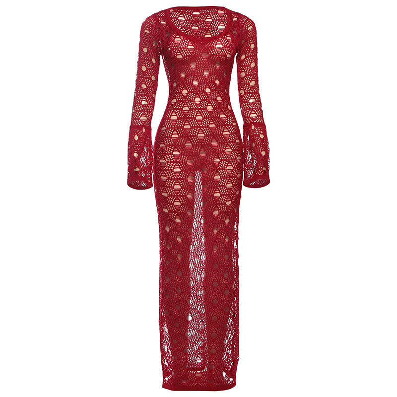 Damen Strickmaxikleid mit langen Ärmeln und großflächigem Häkelmuster Drune