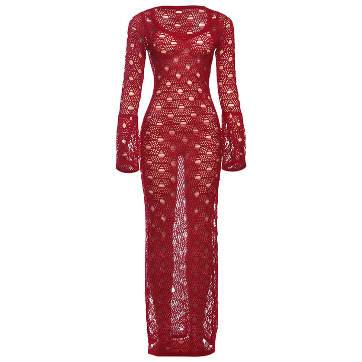 Damen Strickmaxikleid mit langen Ärmeln und großflächigem Häkelmuster Drune