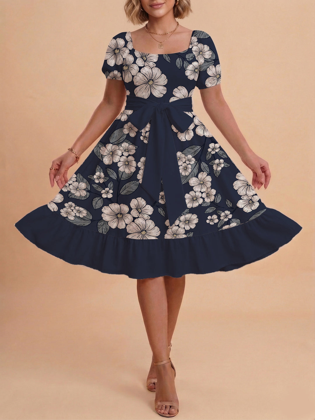 Damen Midi Kleid mit elegantem Blumendruck und tailliertem Gürtel Drune
