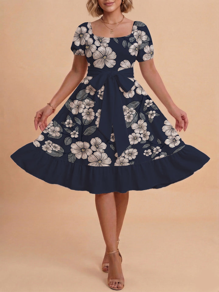 Damen Midi Kleid mit elegantem Blumendruck und tailliertem Gürtel Drune