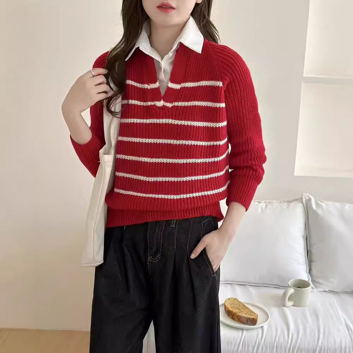 Damen Strickpullover mit V-Ausschnitt und gestreiftem Design Drune