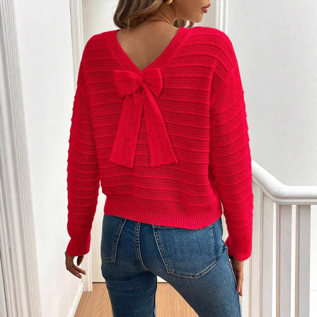 Damen Strickpullover mit verspieltem Schleifendetail im Rücken und modernem V-Ausschnitt Drune