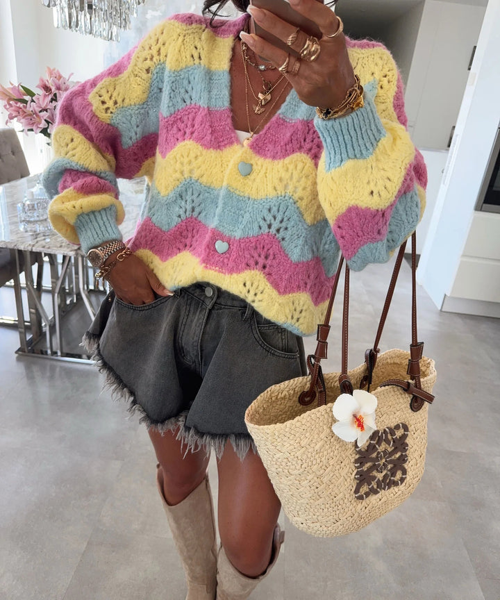 Damen gemütlicher Strickcardigan mit Wellenmuster Drune