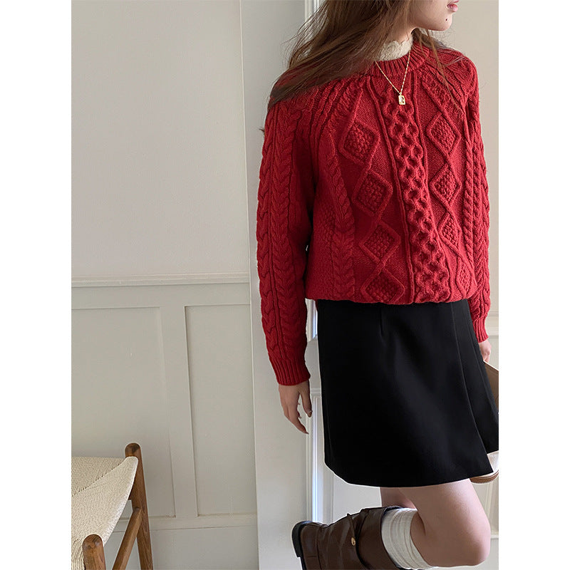 Damen lässiger Grobstrickpullover mit Zopfmuster Drune