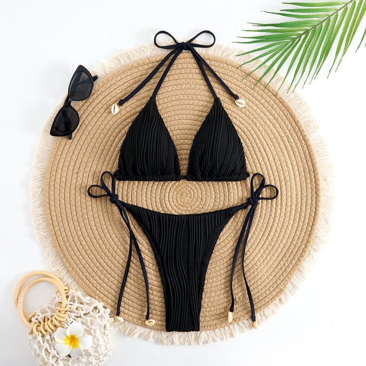 Damen Triangel-Bikini-Set mit verstellbaren Schnürdetails und gekräuseltem Design Drune