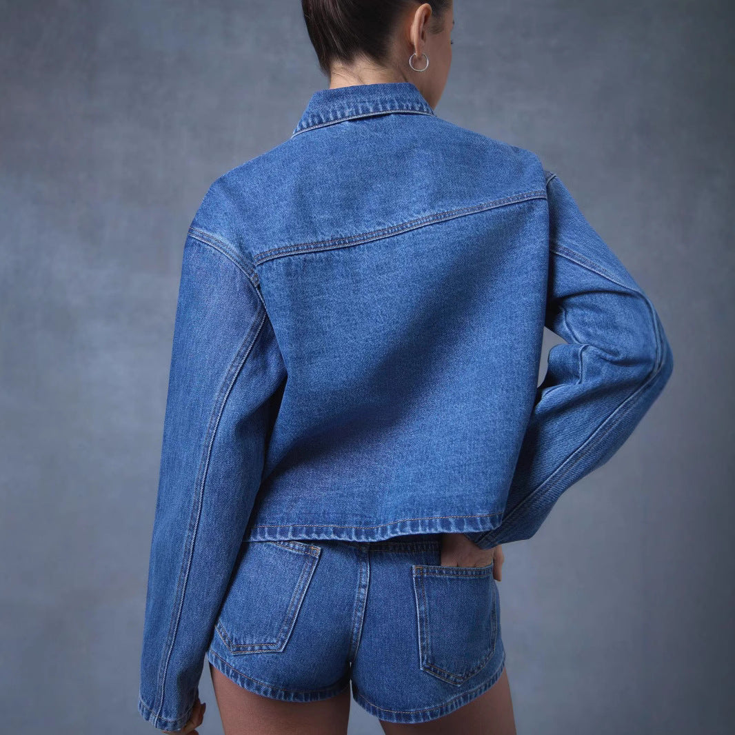 Damen Modernes Denim-Jackett mit Bindegürtel Drune