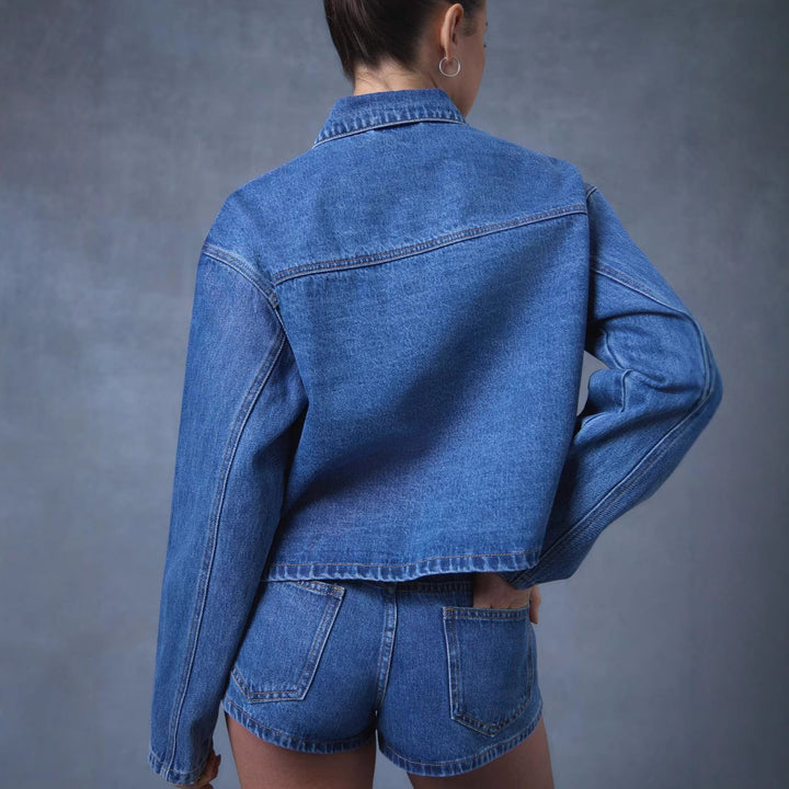 Damen Modernes Denim-Jackett mit Bindegürtel Drune
