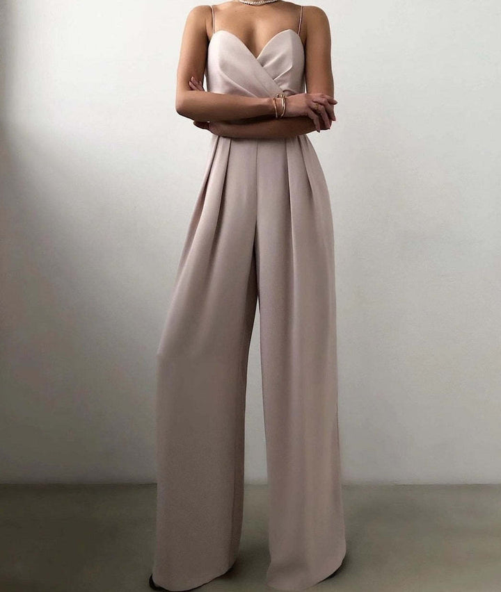 Damen eleganter Jumpsuit mit tiefem V-Ausschnitt und weiten Beinen Drune