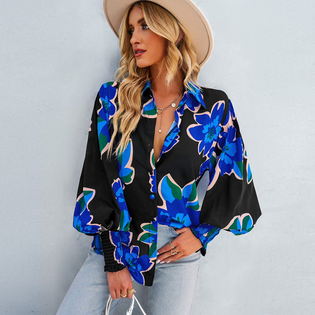 Damen nan lockere Hemdbluse mit floralem Alloverprint, Seidenoptik, smockärmeln und geknöpfter Vorderleiste Drune