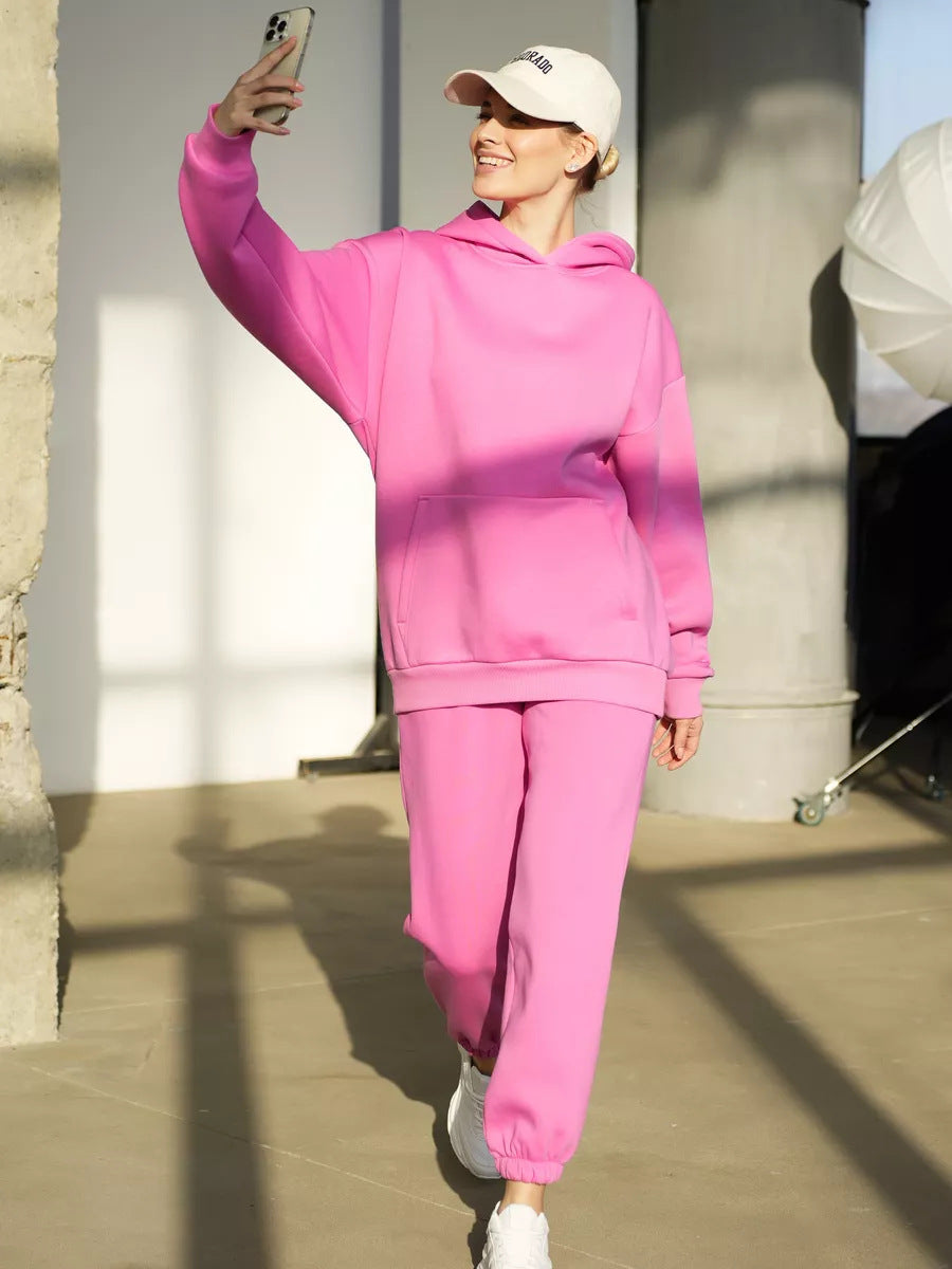 Damen nan zweiteiliges Komfort-Loungewear-Set mit oversized Kapuzenpullover, Kängurutasche und elastischem Knöchel-Jogger aus French Terry Drune