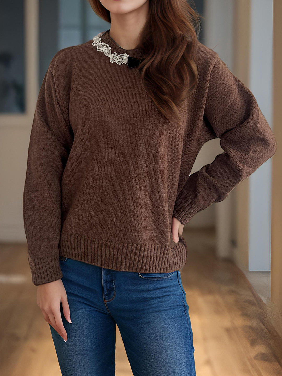 Damen gemütlicher Strickpullover mit Rüschendetails Drune