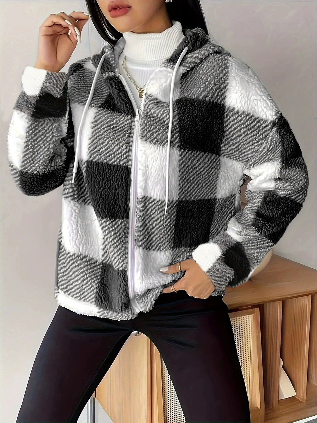 Drune | Kariert Teddy Hoodie Jacke | Warm und Bequem für den Winter