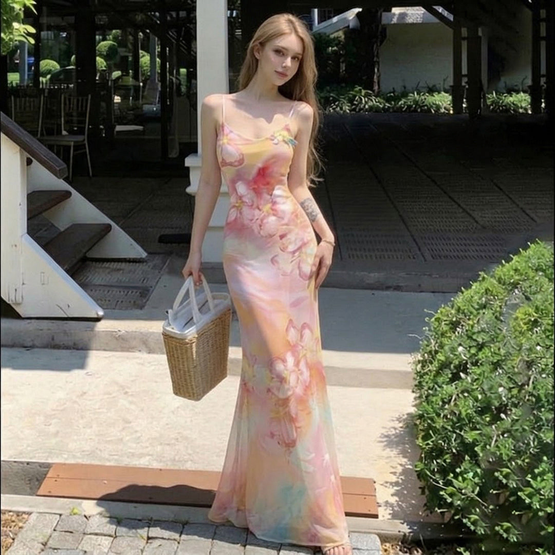 Damen Maxikleid mit floralem Design und Spaghettiträgern Drune