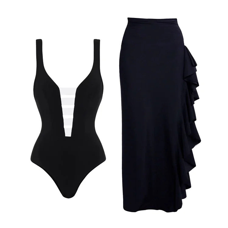 Damen Badeanzug mit modischem Off-Shoulder Design und eleganter Rüschen-Maxiröhre Drune