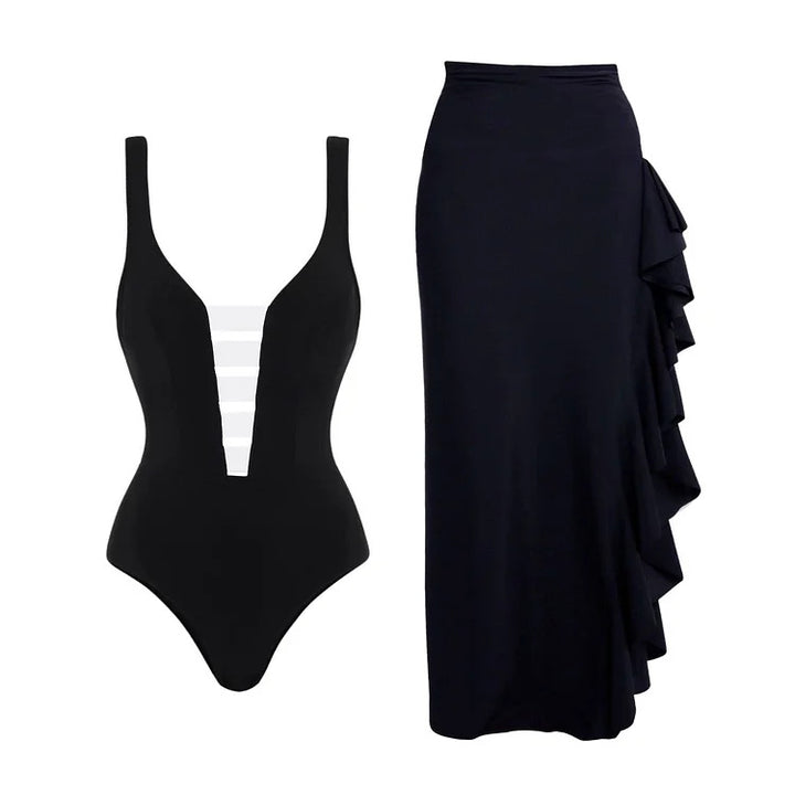 Damen Badeanzug mit modischem Off-Shoulder Design und eleganter Rüschen-Maxiröhre Drune