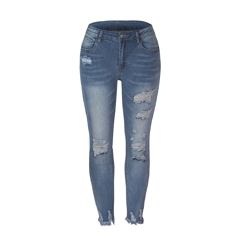 Damen modische Ripped Jeans mit fransigem Saum und hohem Bund Drune