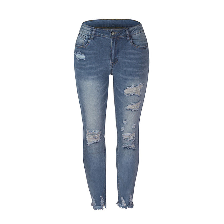 Damen modische Ripped Jeans mit fransigem Saum und hohem Bund Drune