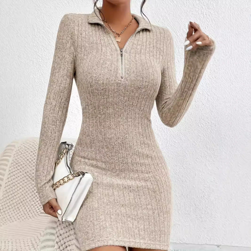 Damen hochwertiges Strickkleid mit Reißverschluss und langem Arm Drune