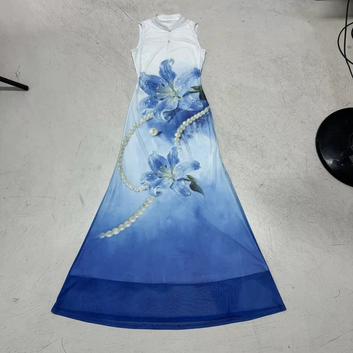 Damen Maxikleid mit floralem Druck und Perlenverzierungen Drune