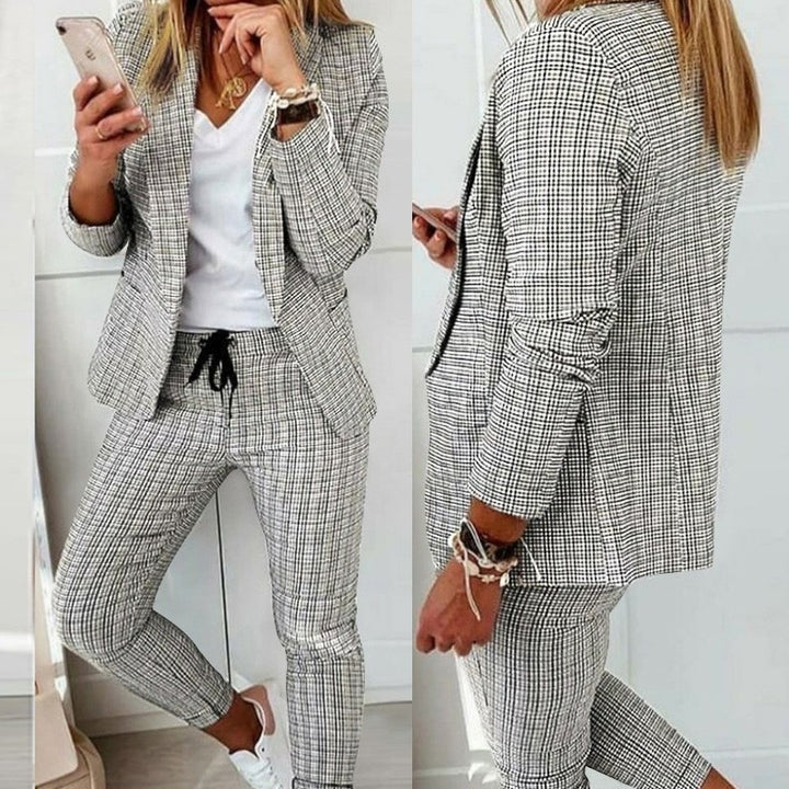 Damen nan Smart-Casual Blazer-Set mit offenem Longblazer und tapered Jogpant mit Kordelzug Drune