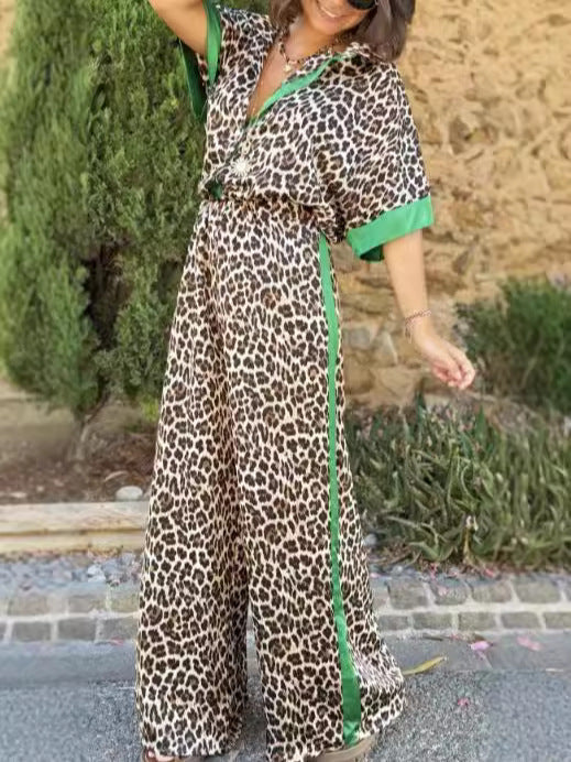 Damen eleganter Leoprint-Jumpsuit mit weiten Beinen und lockerer Passform Drune