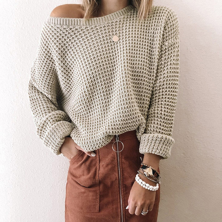 Damen lässiger Strickpullover mit weitem Schnitt und off-shoulder Design Drune